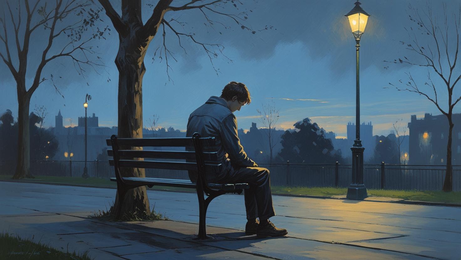 An older person sits alone on a bench in a quiet park, gently holding a mobile phone in their hand. Their posture is slightly hunched, suggesting reflection or sadness. Soft, warm lighting creates a peaceful but melancholic atmosphere. In the distance, blurred figures walk by, not noticing the person on the bench. The image captures the feeling of emotional invisibility and quiet loneliness, while hinting at the hope of reaching out through connection.