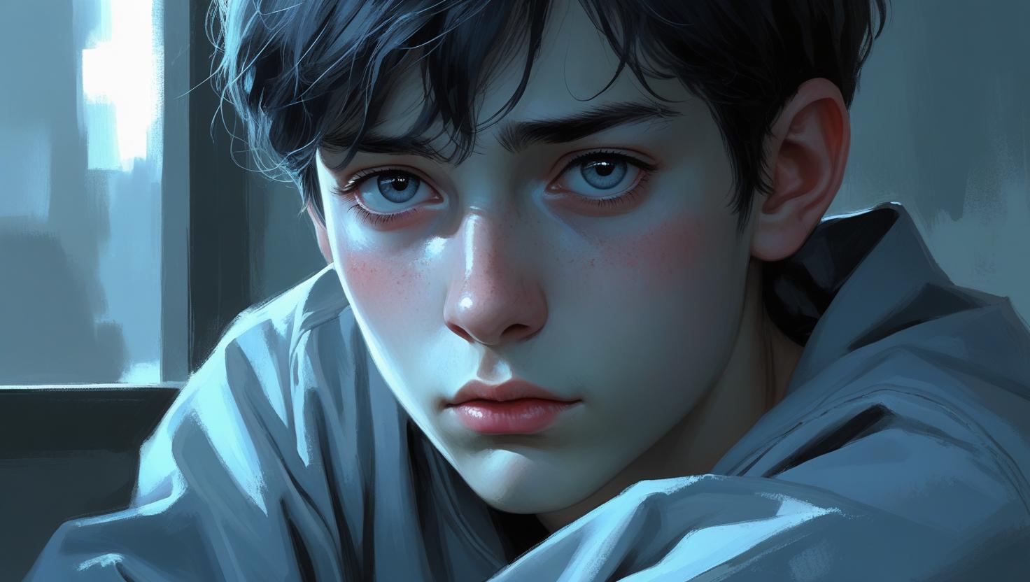 A thoughtful teenager sitting alone, looking down with a pensive expression, symbolising youth mental health struggles and silent suffering.