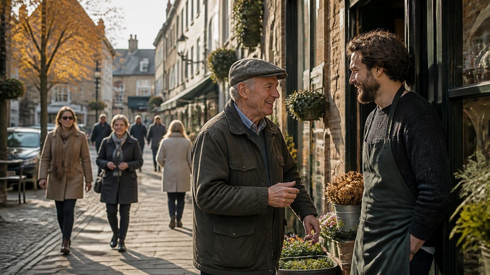 An older man enjoying a friendly conversation with a shopkeeper on a traditional British high street, representing community and everyday human connection.